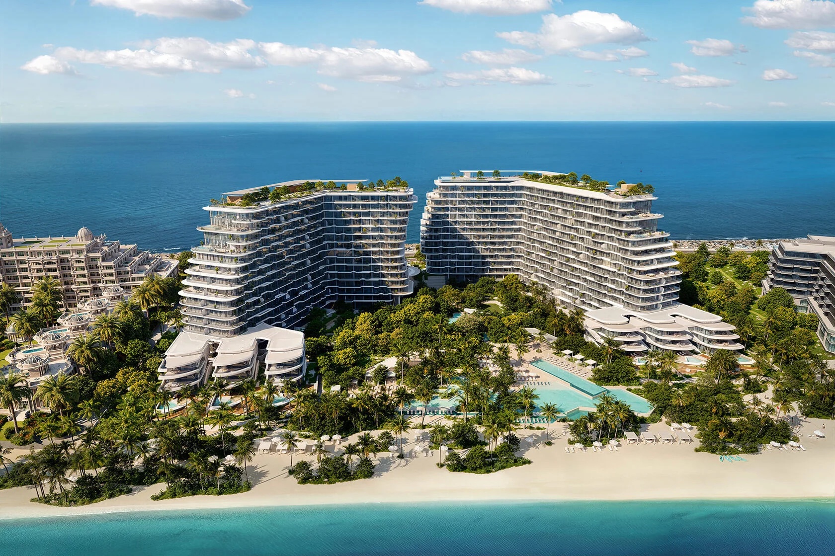 Twin towers aerial, private beach