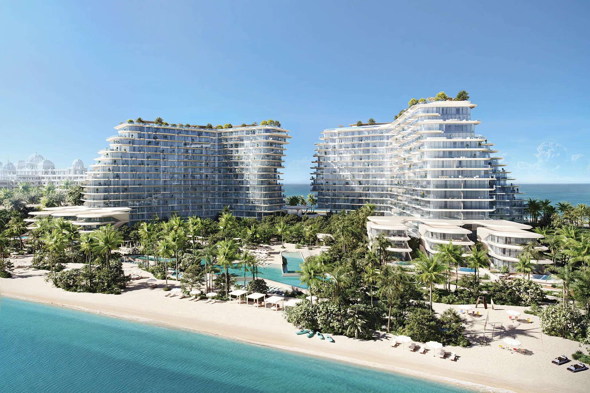 Twin towers and beachfront gardens